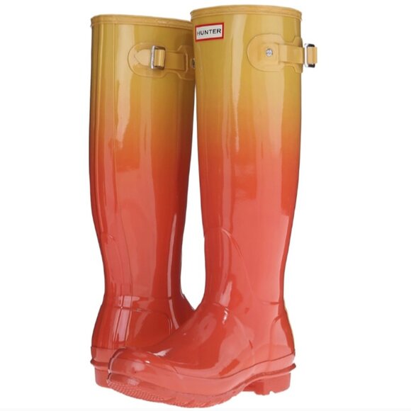Hunter Boots Rain Tall Glossy Wellies Like New Rare Sunset Ombre Coral Yellow 7 - Picture 1 of 16